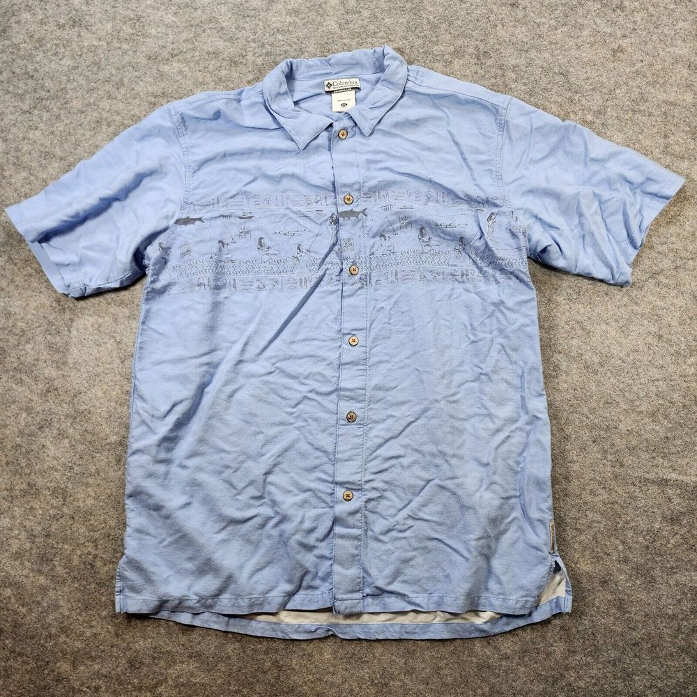 Columbia Sportswear Shirt Men XXL 2XL Blue Egyptian Ankh Fish Flax Blend Relaxed